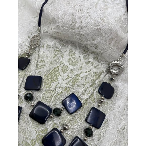 Navy Blue Square & Round Beaded 3-Tier Necklace - Picture 6 of 10